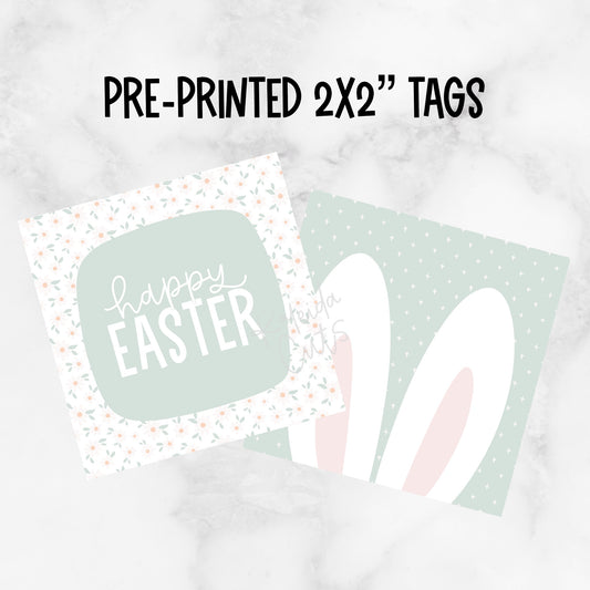 Happy Easter / Bunny Ears 2” x 2” Printed Tags: Set of 25