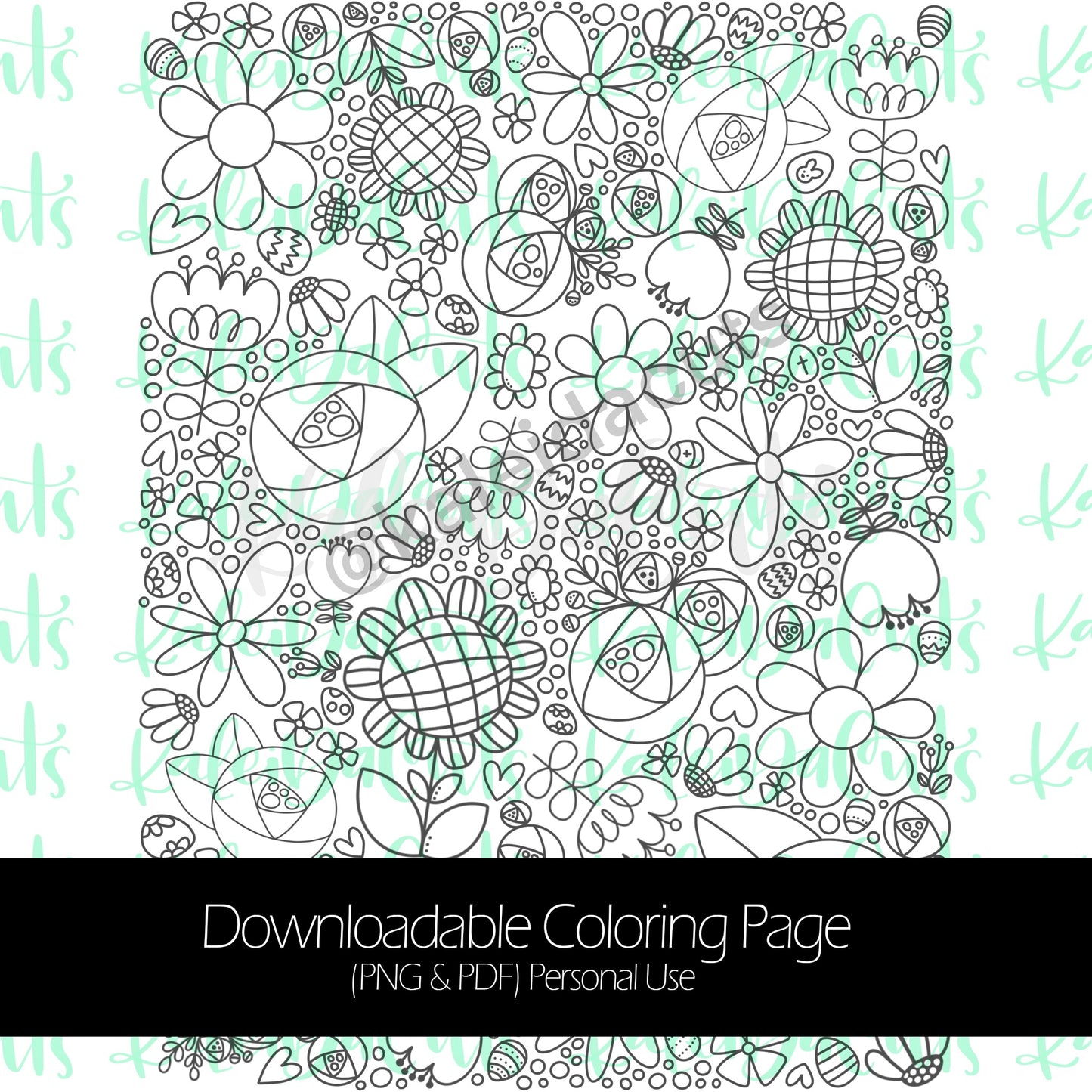Spring Flowers Egg Hunt Coloring Page. Personal Use.