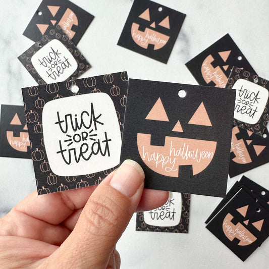 Charcoal Pumpkin / Trick or Treat 2” x 2” Printed Tags: Set of 25