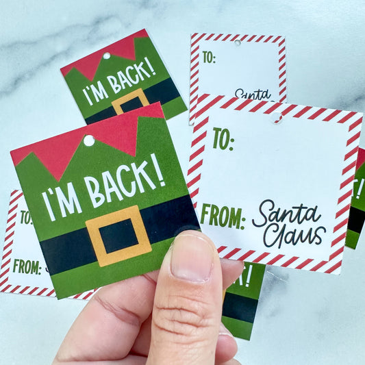 I'm Back / Elf 2” x 2” Printed Tags: Set of 25