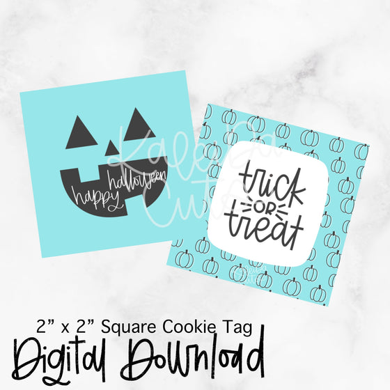 Pumpkin Face Tag - Trick or Treat (Turquoise) - 2x2 Square - Digital Download