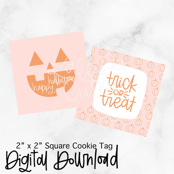 Pumpkin Face Tag - Trick or Treat (Pink) - 2x2 Square - Digital Download