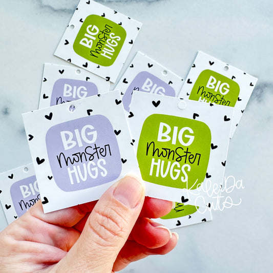 Big Monster Hugs 2” x 2” Printed Tags: Set of 25