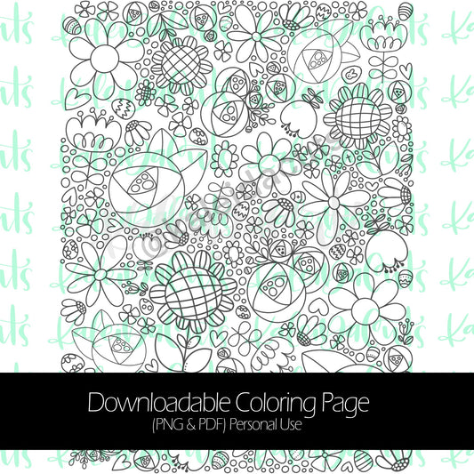 Spring Flowers Egg Hunt Coloring Page. Personal Use.