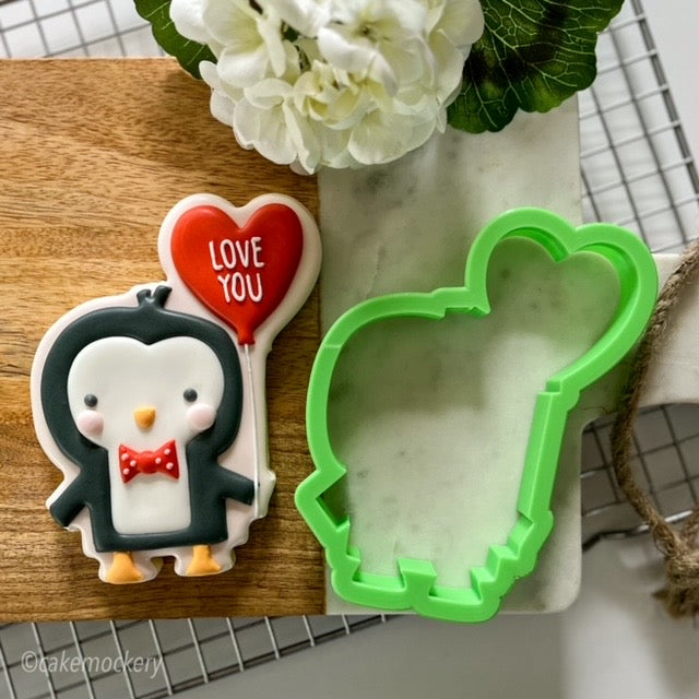 Modern Penguin Boy Heart Balloon Cookie Cutter